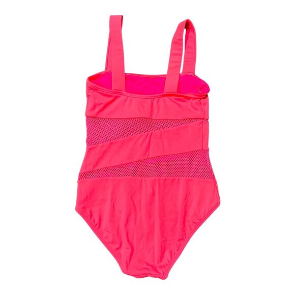 Dkny Mesh Accent Square Neck One Piece Swimsuit In Bright Pink Size 6 See Thru - Picture 2 of 4